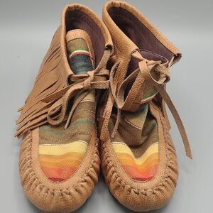 L&B Serape Leather Fringe Moccasins Rainbow Driving Shoes Women SIZE 10